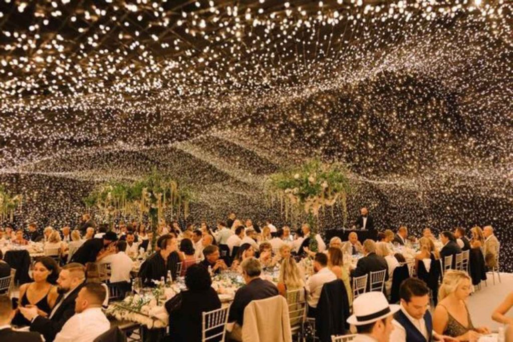 Magical ceiling fairy lights at wedding